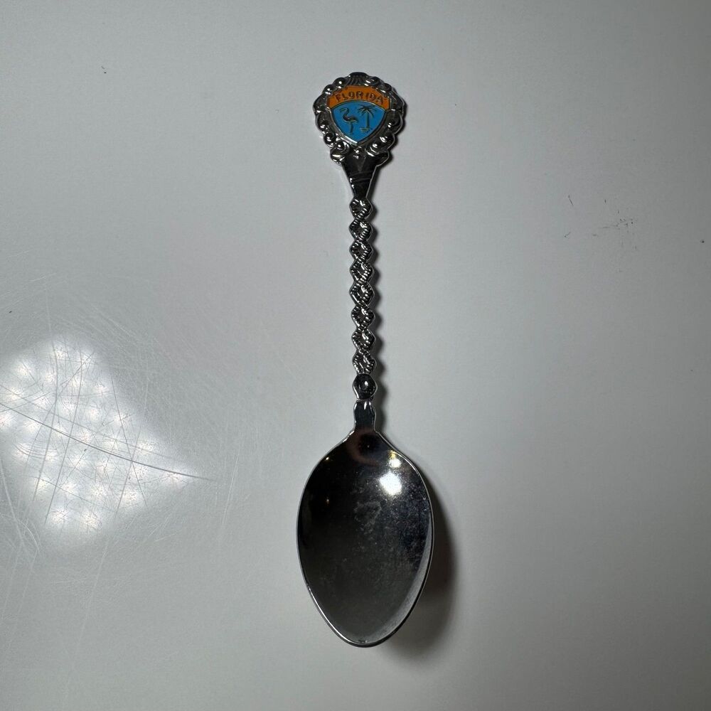 Vintage Florida Souvenir Spoon Enamel Crest Palm Tree Twisted Stem Collector